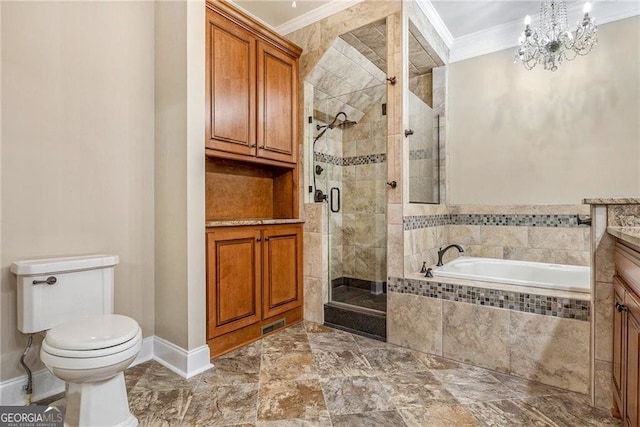 full bathroom with crown molding, a stall shower, a garden tub, toilet, and a chandelier
