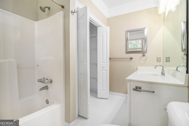 full bath with baseboards, shower / tub combination, vanity, toilet, and a spacious closet
