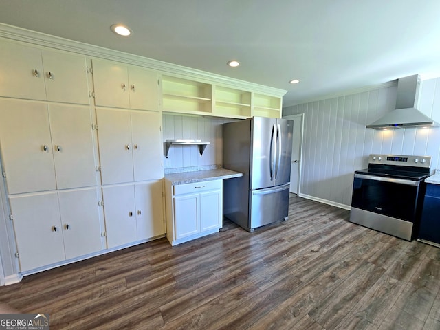 kitchen featuring wall chimney exhaust hood, dark wood-type flooring, open shelves, light countertops, and stainless steel appliances