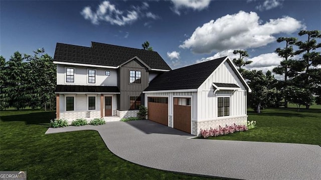 modern inspired farmhouse featuring stone siding, a garage, board and batten siding, a front lawn, and driveway