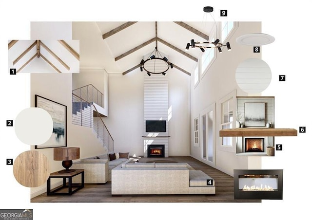 living room featuring a fireplace, beam ceiling, wood finished floors, stairs, and high vaulted ceiling
