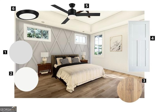 bedroom with wood finished floors and ceiling fan