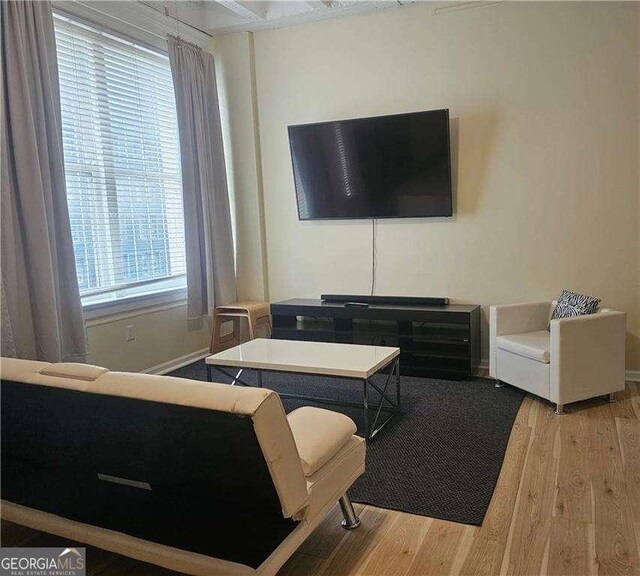 living area with baseboards and wood finished floors