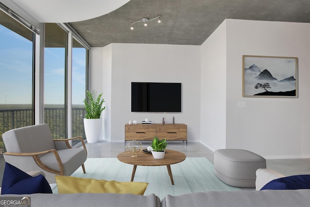 living room with expansive windows and baseboards