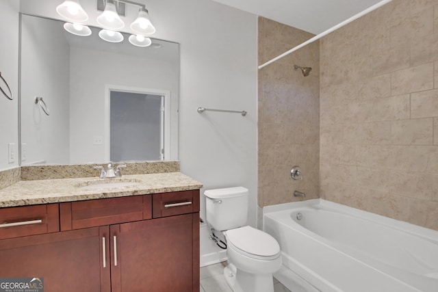 full bath featuring vanity, shower / tub combination, baseboards, and toilet