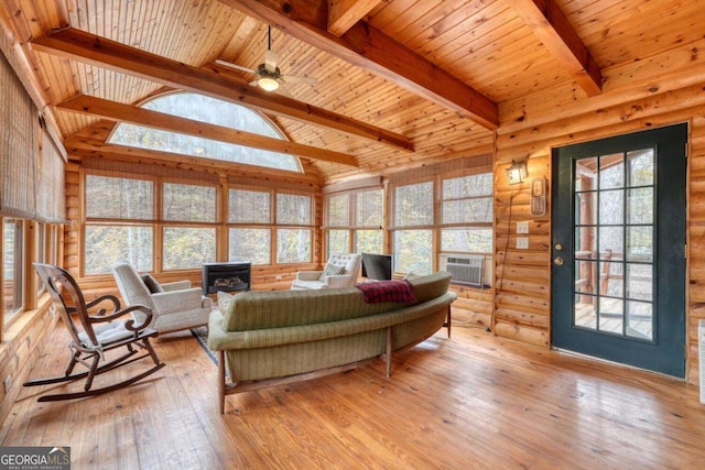 2479 Plum Orchard Rd Unit 1 & 2, Clayton, GA 30525 - living area featuring hardwood / wood-style floors, cooling unit, wood ceiling, a ceiling fan, and a wood stove
