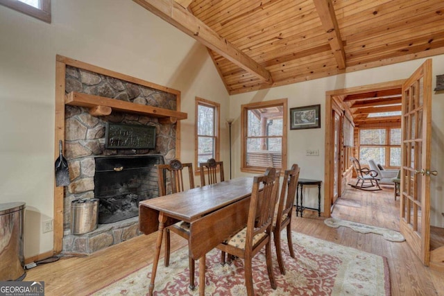 2479 Plum Orchard Rd Unit 1 & 2, Clayton, GA 30525 - dining room with wood ceiling, healthy amount of natural light, a fireplace, and hardwood / wood-style flooring