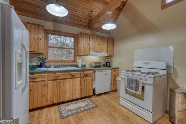 2479 Plum Orchard Rd Unit 1 & 2, Clayton, GA 30525 - kitchen with white appliances, under cabinet range hood, plenty of natural light, a wood ceiling with exposed beams, and light wood-type flooring