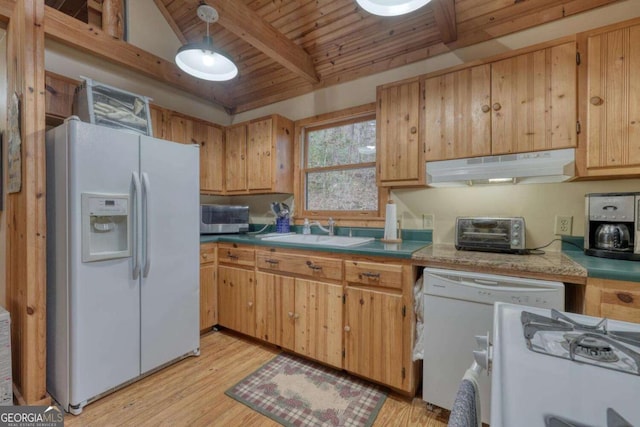 2479 Plum Orchard Rd Unit 1 & 2, Clayton, GA 30525 - kitchen with white appliances, under cabinet range hood, a wooden ceiling with exposed beams, and light wood-style floors