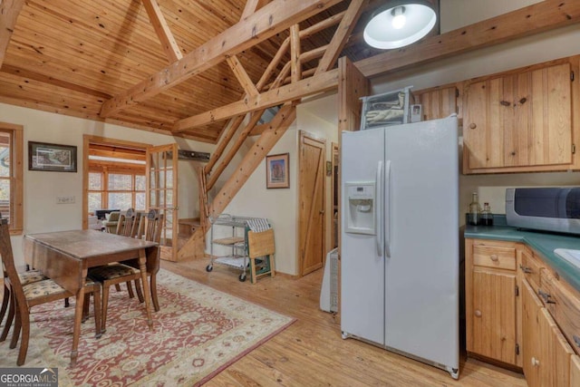 2479 Plum Orchard Rd Unit 1 & 2, Clayton, GA 30525 - kitchen featuring white refrigerator with ice dispenser, stainless steel microwave, wooden ceiling, light wood-style floors, and dark countertops