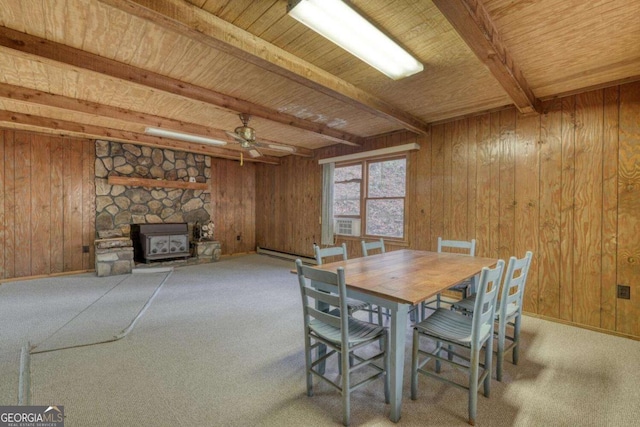 2479 Plum Orchard Rd Unit 1 & 2, Clayton, GA 30525 - dining space featuring wooden walls, carpet flooring, a wooden ceiling with exposed beams, a wood stove, and ceiling fan