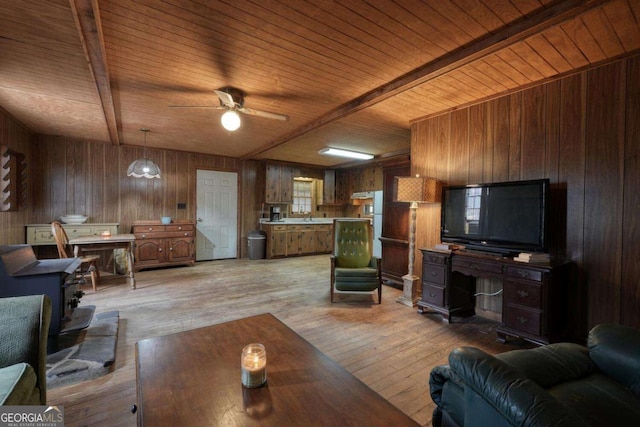 2479 Plum Orchard Rd Unit 1 & 2, Clayton, GA 30525 - living room with wooden walls, a ceiling fan, light wood-style floors, and a wooden ceiling with exposed beams