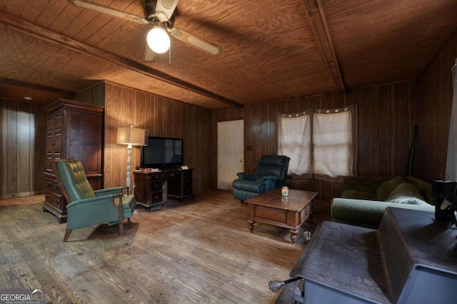 2479 Plum Orchard Rd Unit 1 & 2, Clayton, GA 30525 - living room featuring a wood ceiling with exposed beams, wood walls, light wood-type flooring, and ceiling fan
