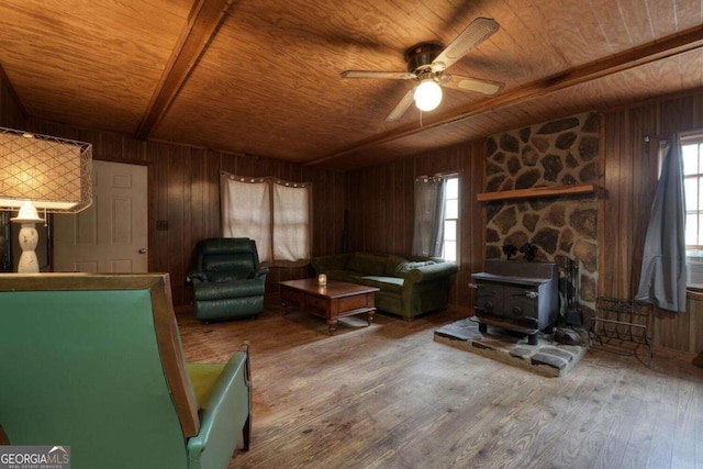 2479 Plum Orchard Rd Unit 1 & 2, Clayton, GA 30525 - living area featuring a wood ceiling with exposed beams, a wood stove, wooden walls, healthy amount of natural light, and ceiling fan