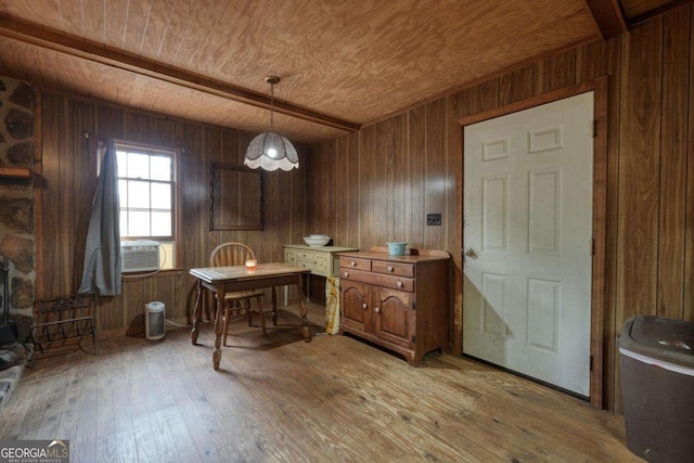 2479 Plum Orchard Rd Unit 1 & 2, Clayton, GA 30525 - dining area with a wooden ceiling with exposed beams, wood walls, light wood-type flooring, cooling unit, and a wood stove