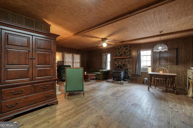 2479 Plum Orchard Rd Unit 1 & 2, Clayton, GA 30525 - sitting room with a wood stove, a wood ceiling with exposed beams, wood walls, a ceiling fan, and wood-type flooring