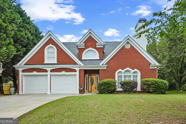 traditional-style house with a front yard, a garage, concrete driveway, and a chimney