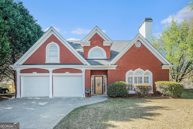 view of front of property with a front lawn, brick siding, driveway, an attached garage, and a chimney