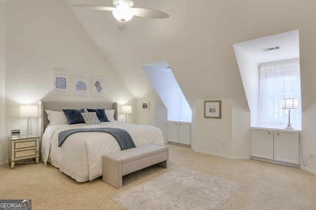 bedroom with carpet floors, lofted ceiling, ceiling fan, and baseboards