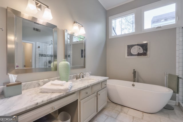 full bath featuring vanity, a shower stall, and a freestanding tub