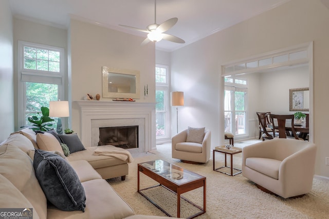 living room with healthy amount of natural light, a ceiling fan, carpet flooring, and ornamental molding
