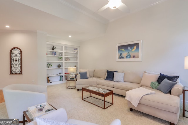 living room featuring crown molding, recessed lighting, built in features, a ceiling fan, and carpet floors