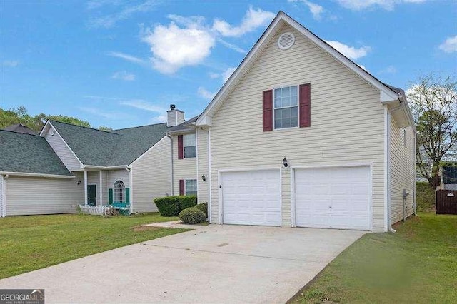 traditional home with an attached garage, a chimney, concrete driveway, and a front lawn