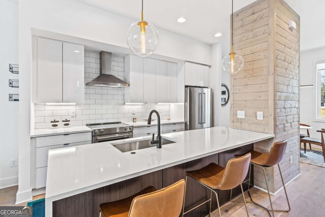 2424 Memorial Dr SE Unit 3, Atlanta, GA 30317 - kitchen featuring wall chimney exhaust hood, modern cabinets, tasteful backsplash, a sink, and high quality appliances
