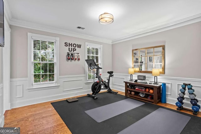 5663 Brookstone Dr NW, Acworth, GA 30101 - workout area with wood finished floors, visible vents, crown molding, and a wainscoted wall