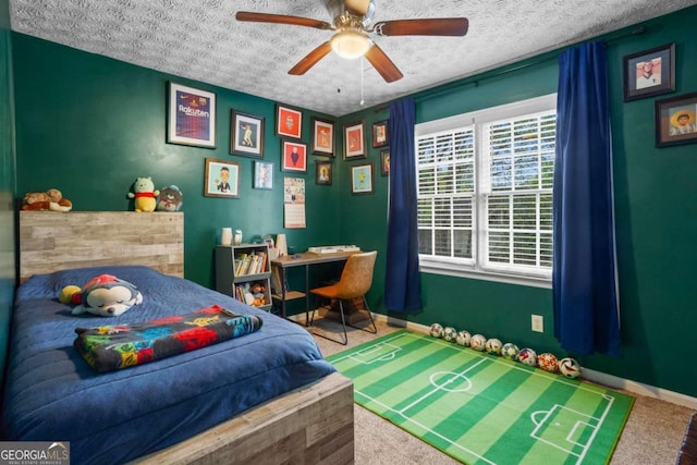5663 Brookstone Dr NW, Acworth, GA 30101 - bedroom featuring baseboards, carpet floors, a textured ceiling, and ceiling fan
