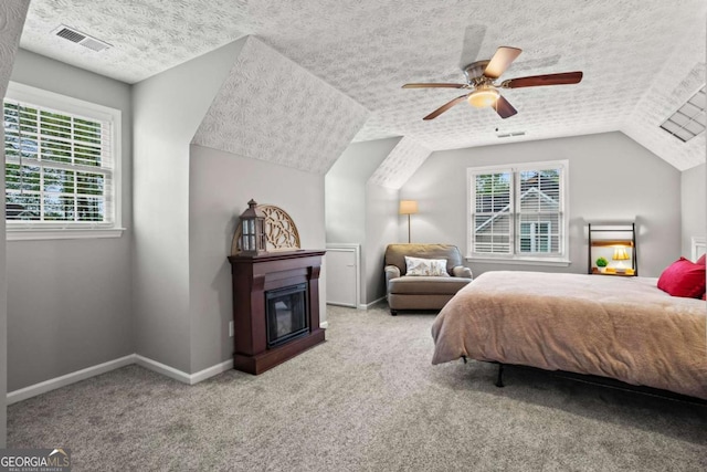 5663 Brookstone Dr NW, Acworth, GA 30101 - bedroom featuring carpet flooring, a textured ceiling, baseboards, visible vents, and lofted ceiling