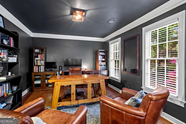 5663 Brookstone Dr NW, Acworth, GA 30101 - office area featuring baseboards, wood finished floors, and crown molding
