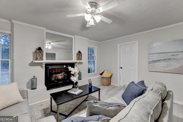 21 W Lake Dr, Oxford, GA 30054 - living area with a fireplace, crown molding, and ceiling fan