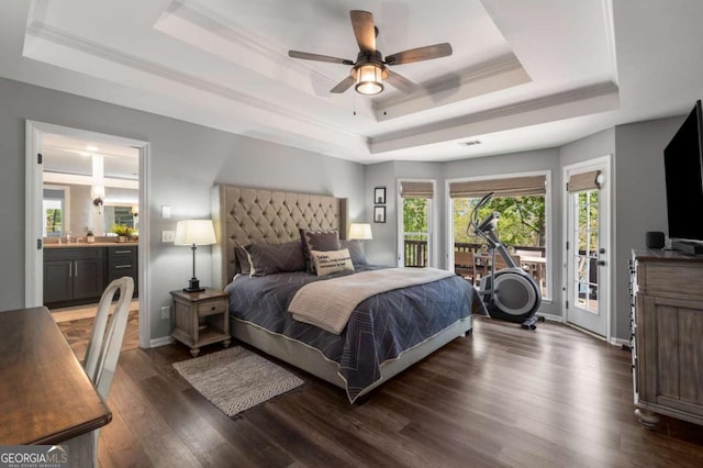 6477 Old Shadburn Ferry Rd, Buford, GA 30518 - bedroom with a raised ceiling, access to outside, dark wood finished floors, ornamental molding, and ensuite bathroom