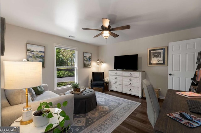 6477 Old Shadburn Ferry Rd, Buford, GA 30518 - living room featuring ceiling fan, wood finished floors, and baseboards
