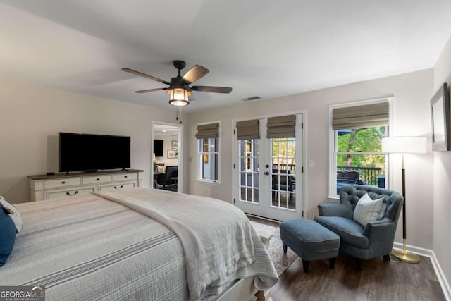 6477 Old Shadburn Ferry Rd, Buford, GA 30518 - bedroom with french doors, access to exterior, wood finished floors, baseboards, and a ceiling fan