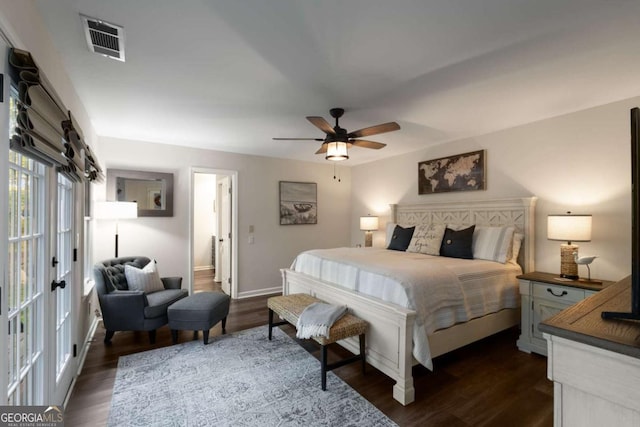 6477 Old Shadburn Ferry Rd, Buford, GA 30518 - bedroom with dark wood-style floors, baseboards, ceiling fan, and french doors