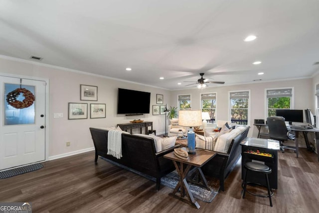 6477 Old Shadburn Ferry Rd, Buford, GA 30518 - living room with dark wood-type flooring, ornamental molding, a ceiling fan, recessed lighting, and baseboards