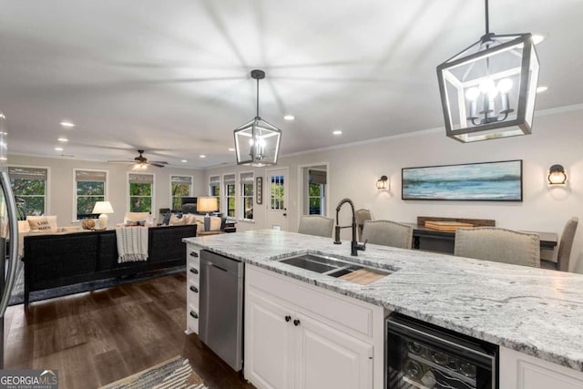 6477 Old Shadburn Ferry Rd, Buford, GA 30518 - kitchen featuring a sink, stainless steel dishwasher, open floor plan, recessed lighting, and dark wood finished floors