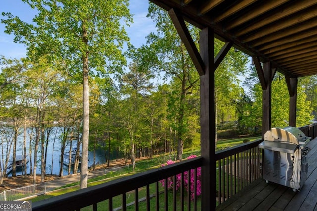 6477 Old Shadburn Ferry Rd, Buford, GA 30518 - wooden terrace featuring a water view and a grill