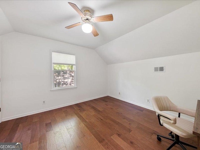 5761 Kentucky Downs Dr, Macon, GA 31210 - unfurnished office featuring vaulted ceiling, ceiling fan, and wood finished floors