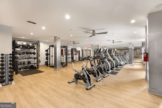747 Ralph Mcgill Blvd NE Unit 223, Atlanta, GA 30312 - workout area with a ceiling fan, light wood-style floors, and recessed lighting
