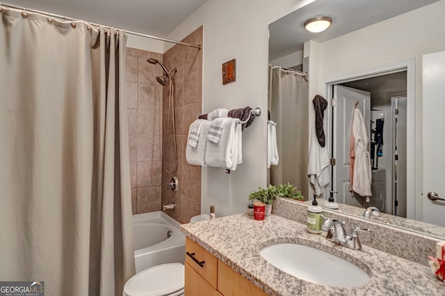 full bath featuring toilet, shower / tub combo, and vanity