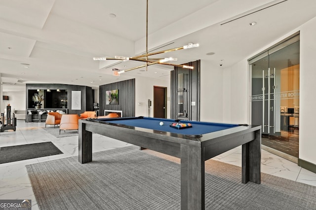 game room with billiards, recessed lighting, and marble finish floor