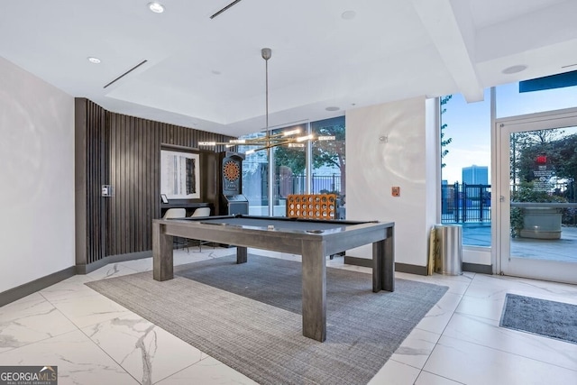 playroom featuring baseboards, a raised ceiling, billiards, recessed lighting, and marble finish floor