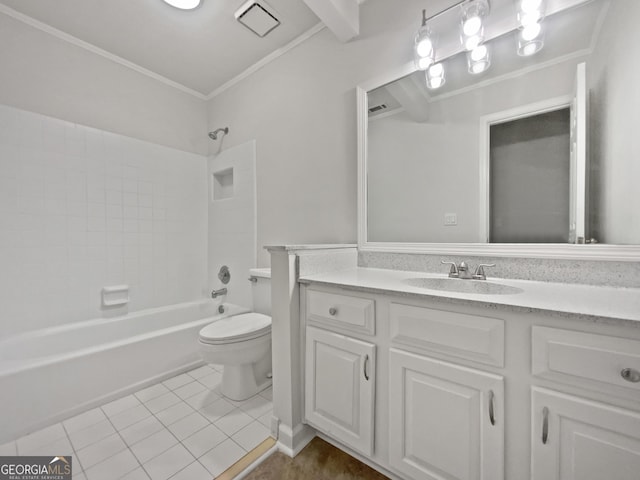 bathroom featuring vanity, shower / tub combination, ornamental molding, toilet, and tile patterned floors