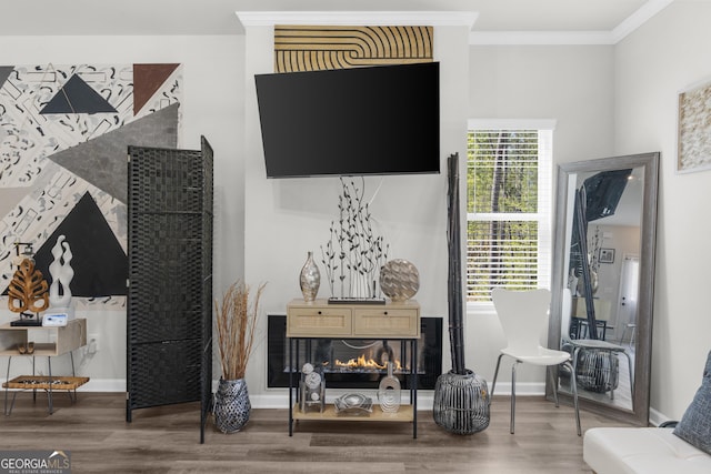 living room featuring crown molding, a multi sided fireplace, wood finished floors, and baseboards