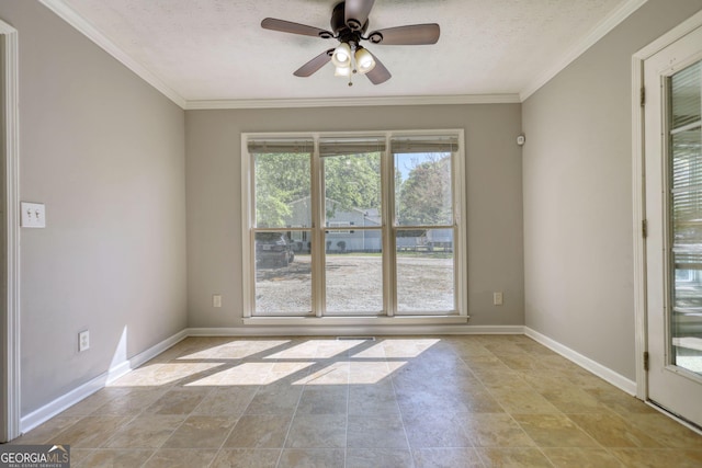 72 Grayson New Hope Rd, Grayson, GA 30017 - empty room with ornamental molding, baseboards, ceiling fan, and a textured ceiling