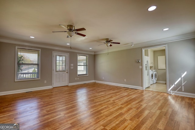 72 Grayson New Hope Rd, Grayson, GA 30017 - interior space with crown molding, ceiling fan, recessed lighting, and washer and dryer
