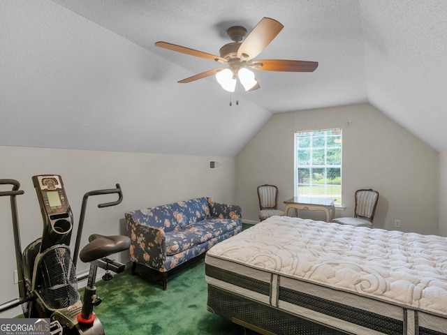 75 The Farm Rd, Mcdonough, GA 30252 - bedroom with carpet floors, lofted ceiling, ceiling fan, and a textured ceiling